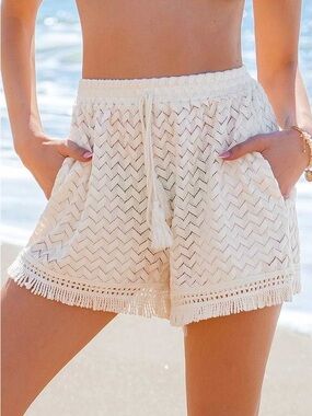 Cupshe Cream Crochet Beach Shorts with Tassel Drawstring